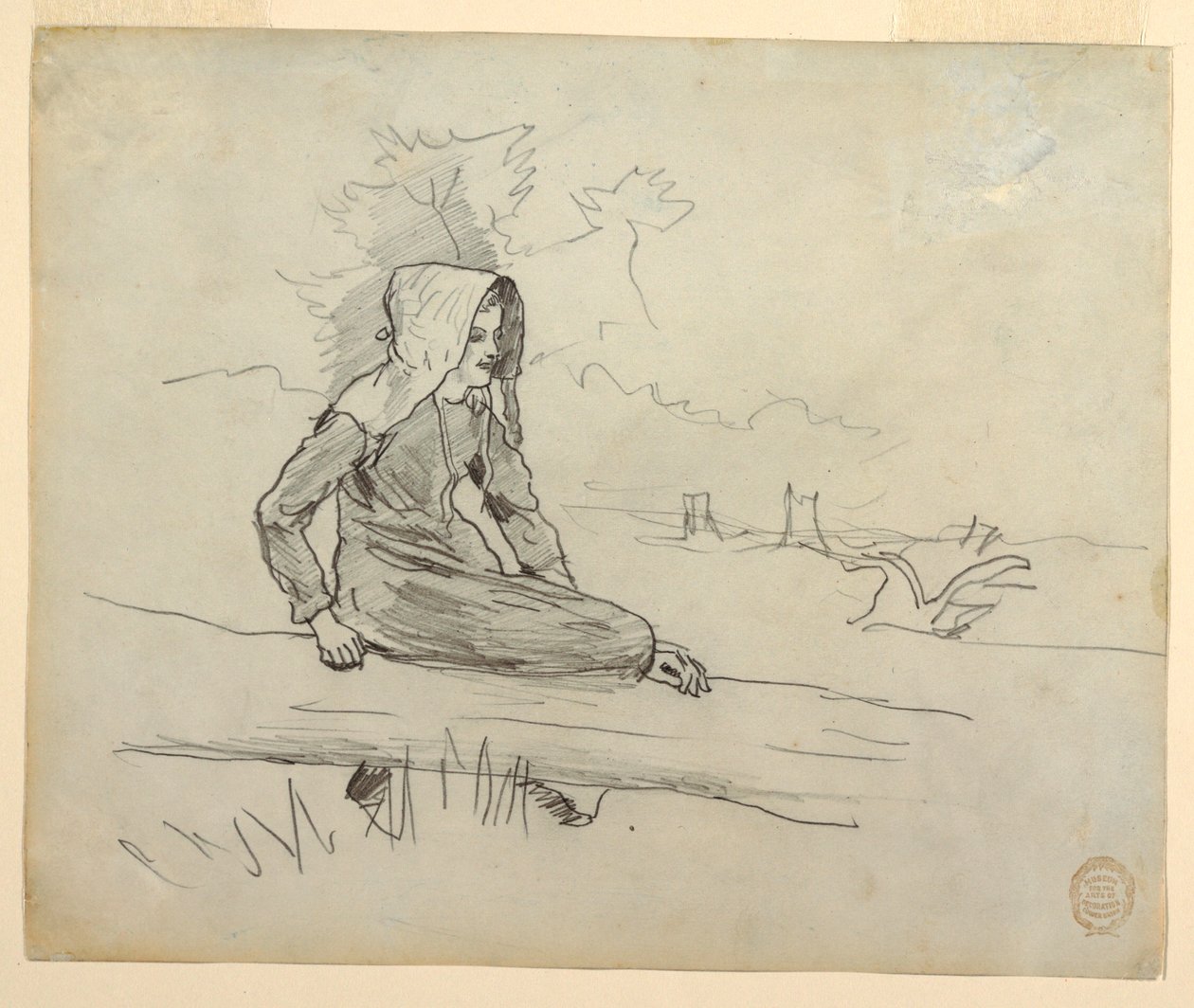 素描，坐在树干上的女孩，1879 年 作者 温斯洛·荷马