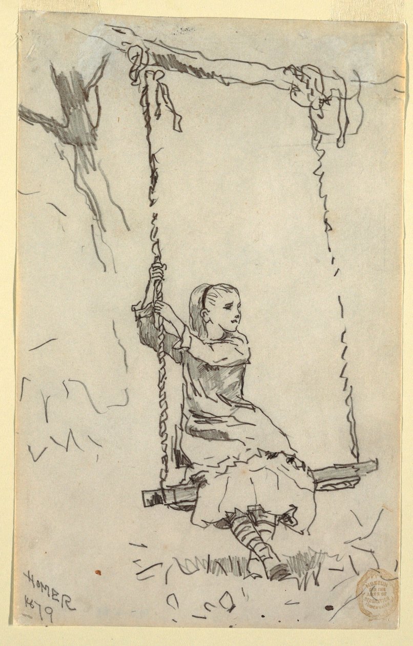 素描，秋千上的女孩，1879 年 作者 温斯洛·荷马