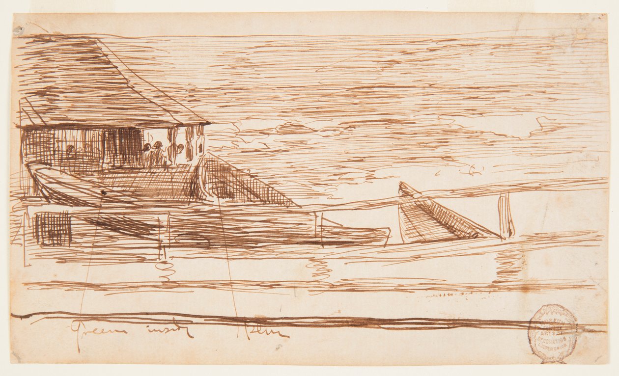 素描，栏杆边的房子与滩涂上的多莉鱼，英格兰库勒科茨，1881 年 作者 温斯洛·荷马