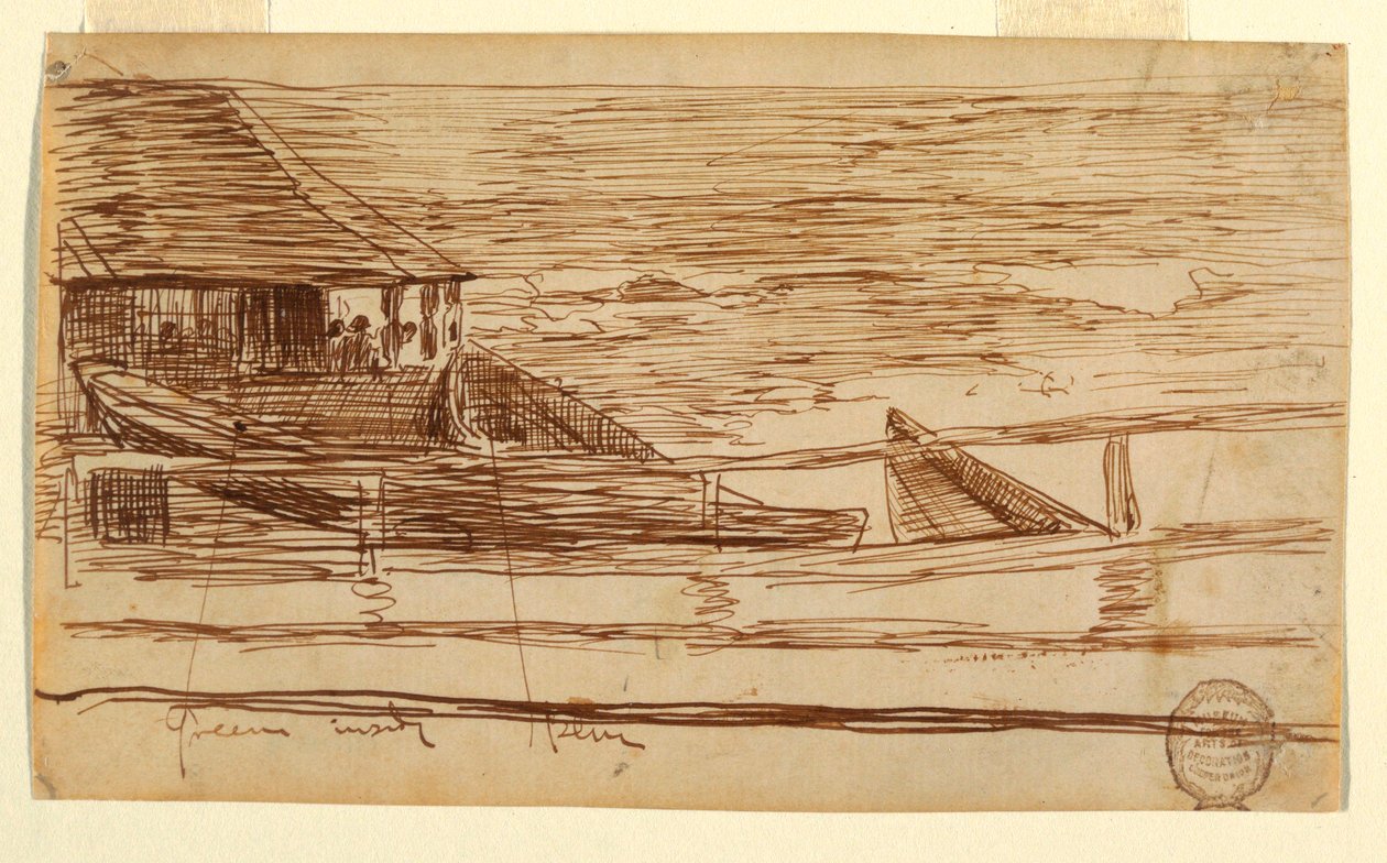 素描，栏杆边的房子与滩涂上的多莉鱼，英格兰库勒科茨，1881 年 作者 温斯洛·荷马