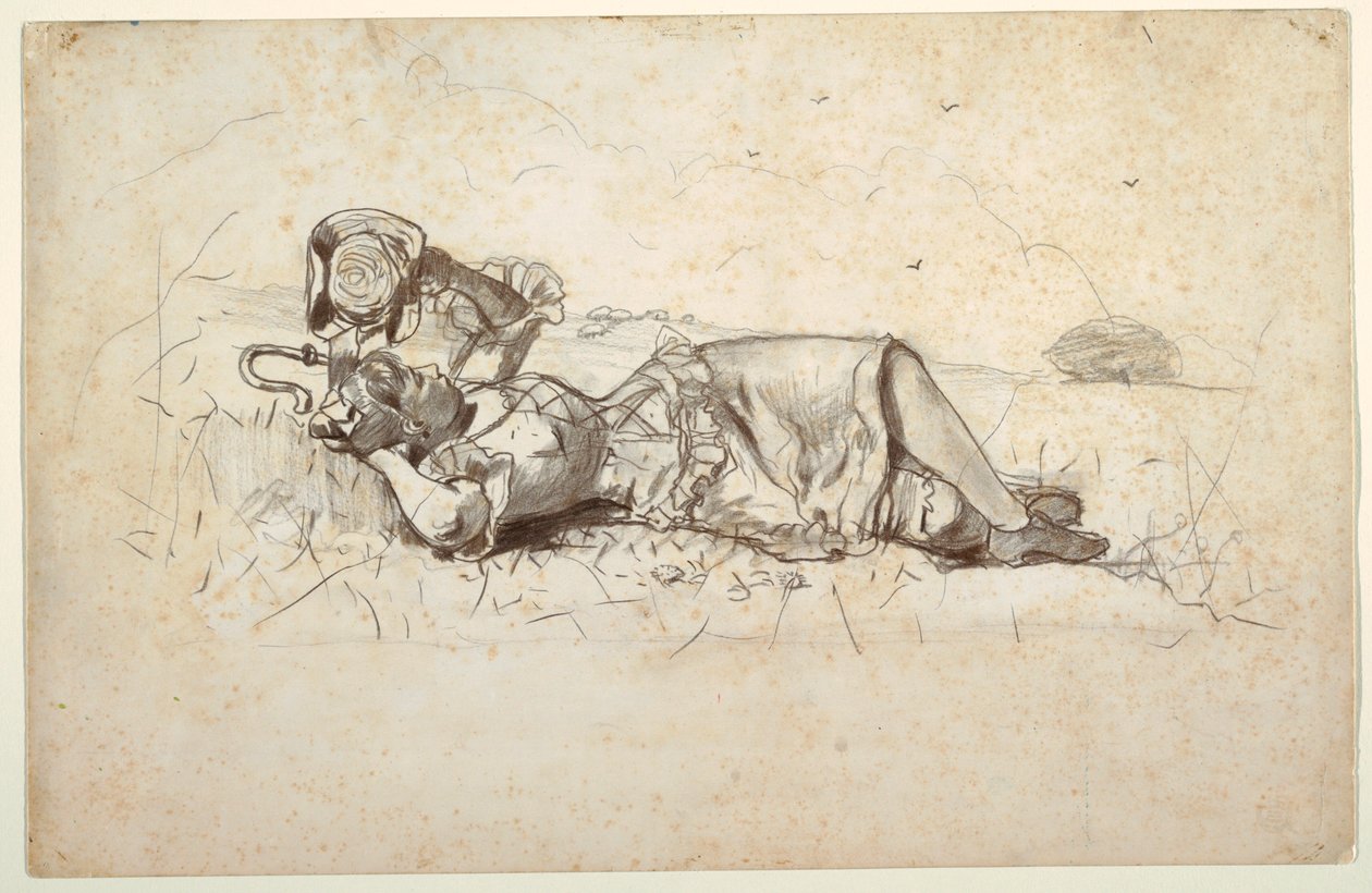 素描，休息的牧羊女，1877 年 作者 温斯洛·荷马