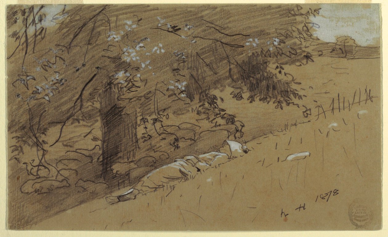 素描，树下休息的牧羊女，1878 年 作者 温斯洛·荷马
