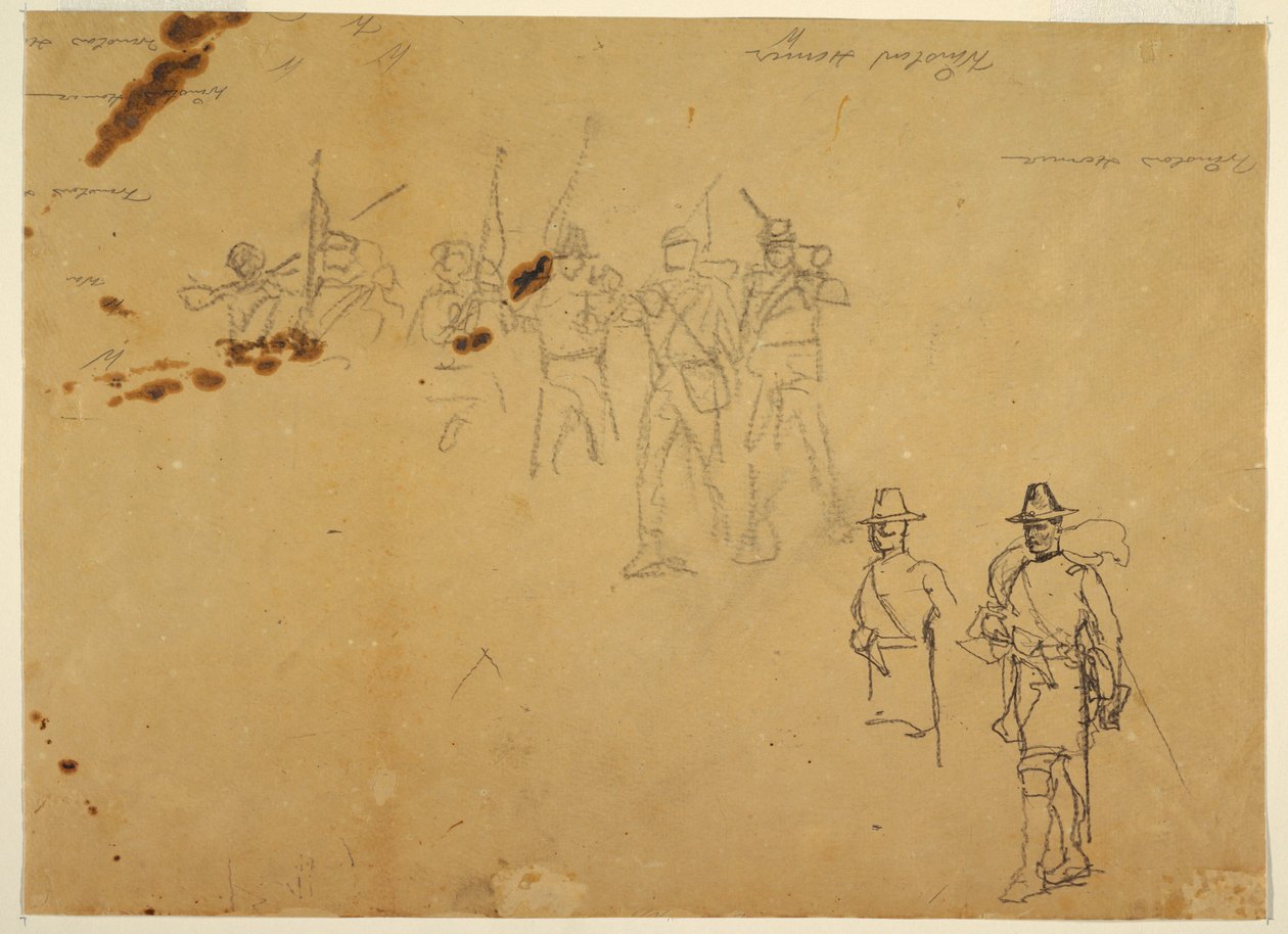 素描，单个步兵人物素描和签名练习，1862 年 作者 温斯洛·荷马