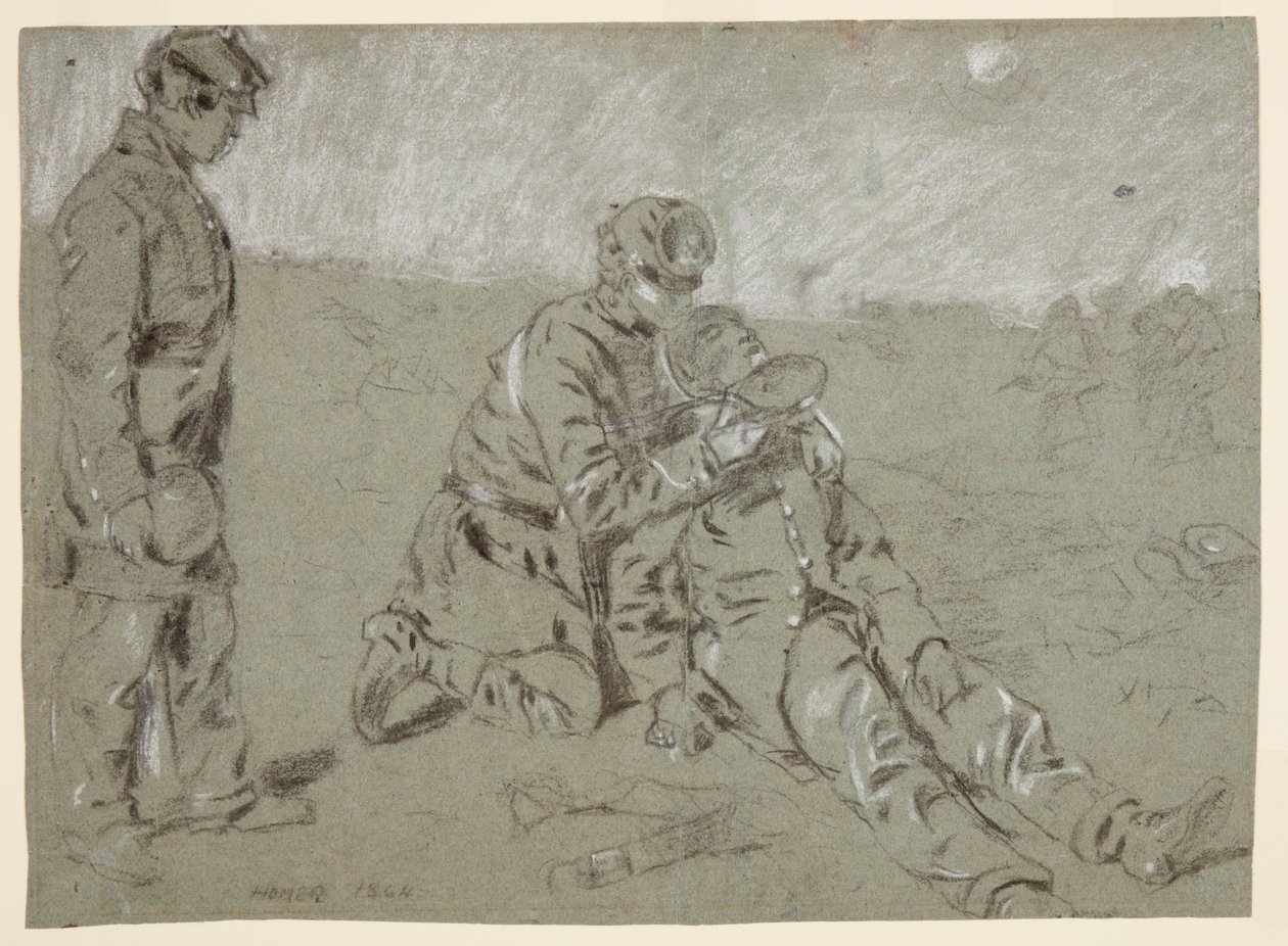 素描，士兵给受伤同伴喂水，1864 年 作者 温斯洛·荷马