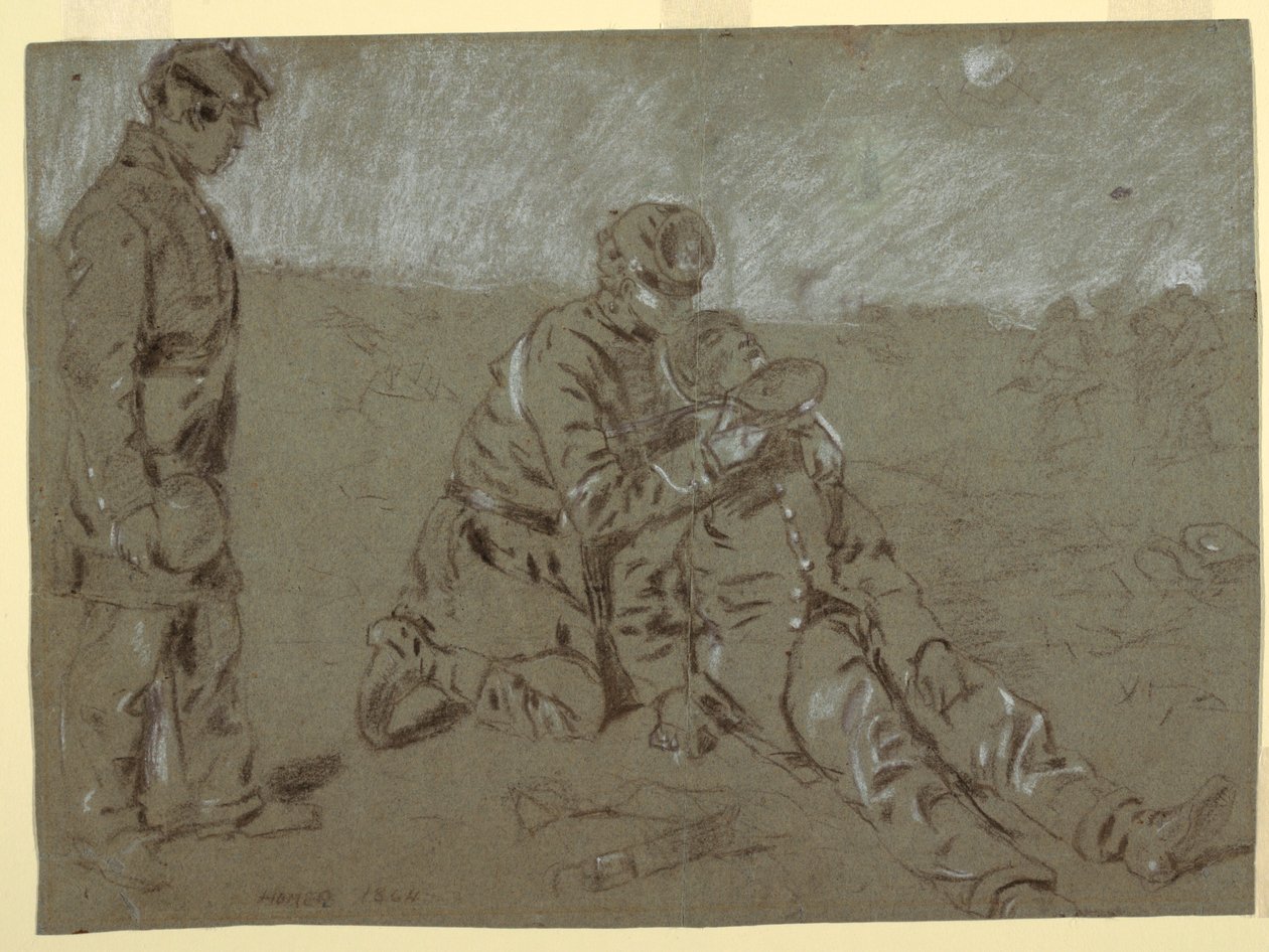 素描，士兵给受伤同伴喂水，1864 年 作者 温斯洛·荷马