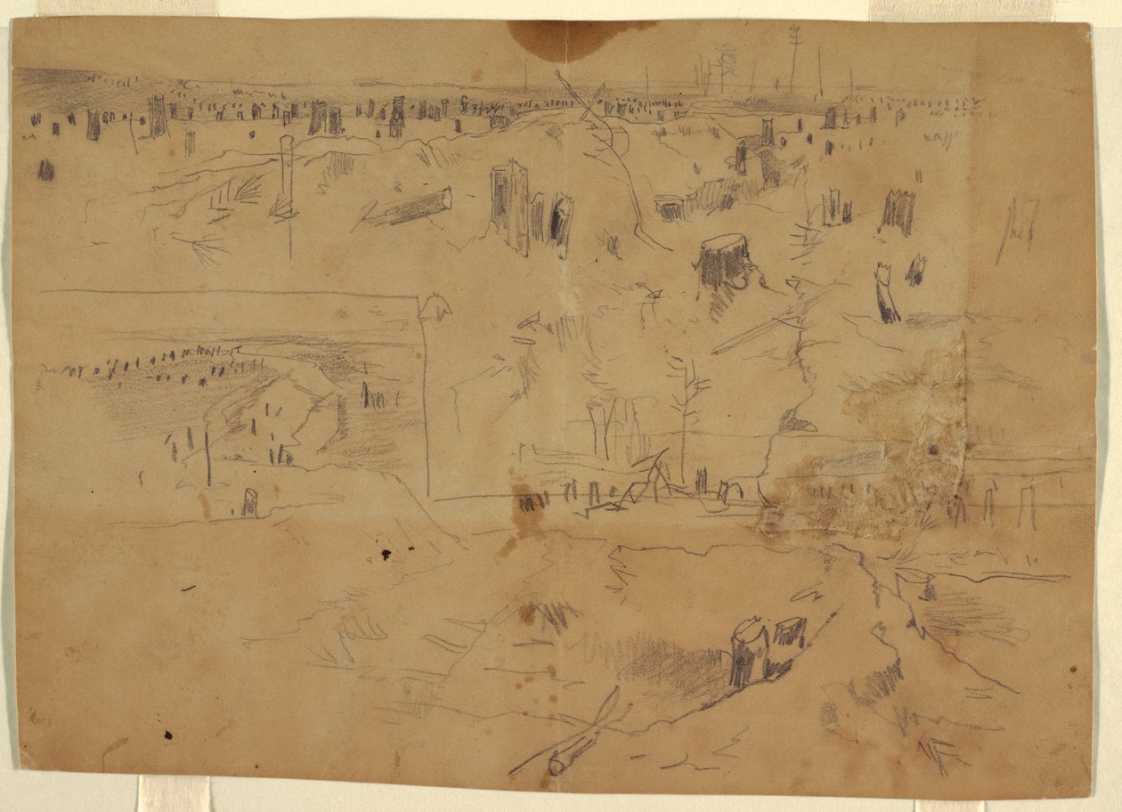 素描，带树桩和被炸树干的战场研究，弗吉尼亚州彼得斯堡，1864 年 作者 温斯洛·荷马