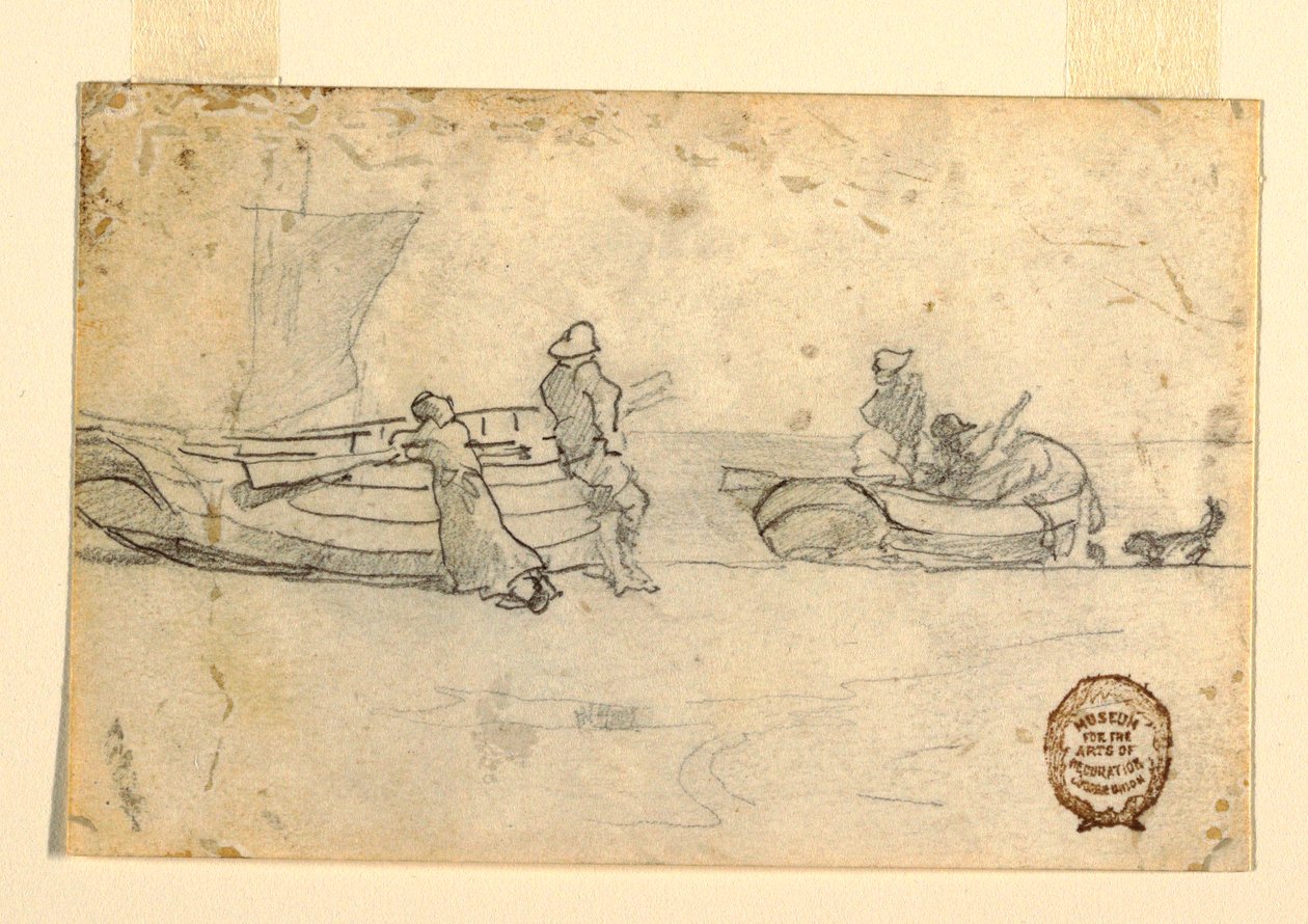 素描，《海滩上的两艘船和人物》，英格兰库勒科茨，1881-82 年 作者 温斯洛·荷马