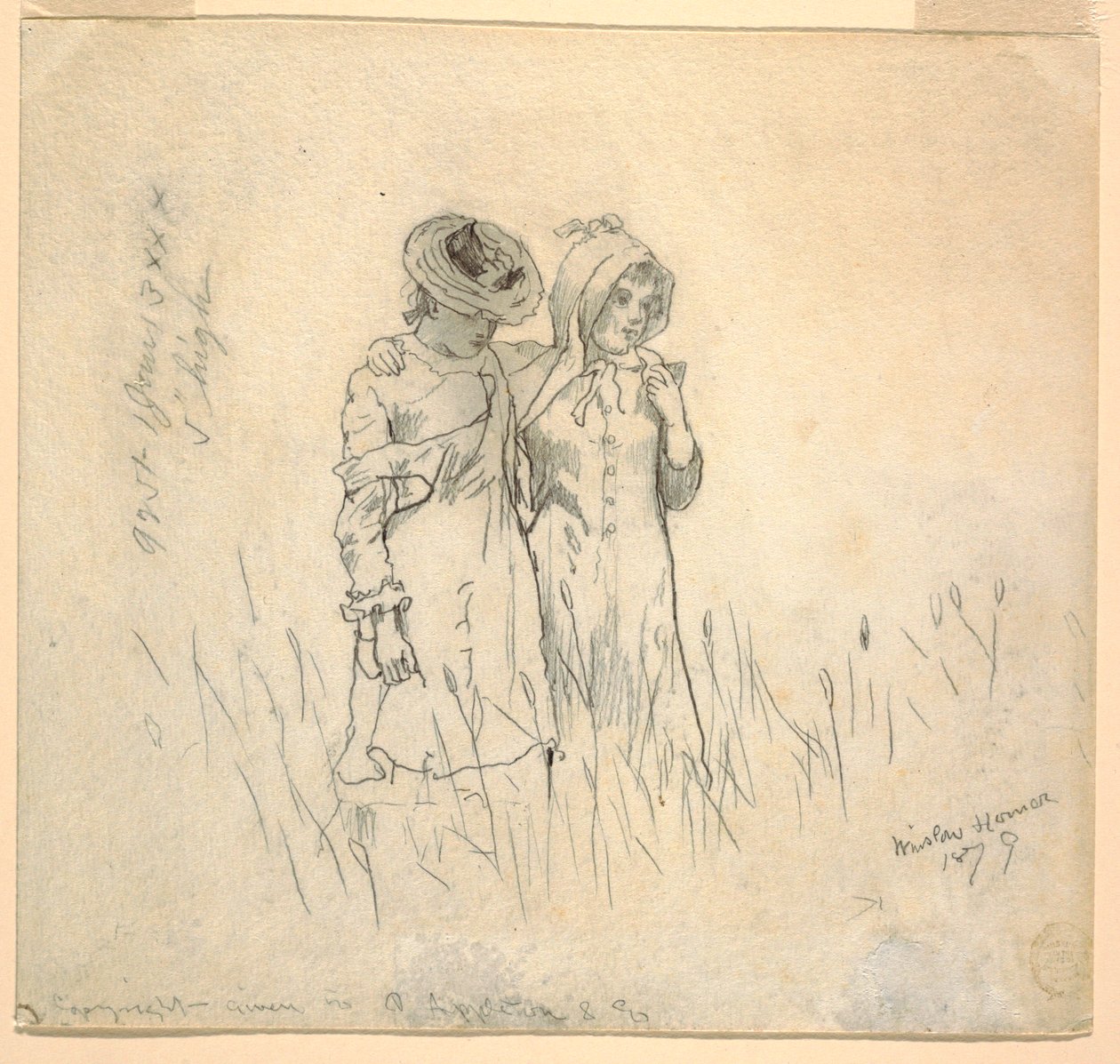 素描，田野中的两个女孩，1879 年 作者 温斯洛·荷马