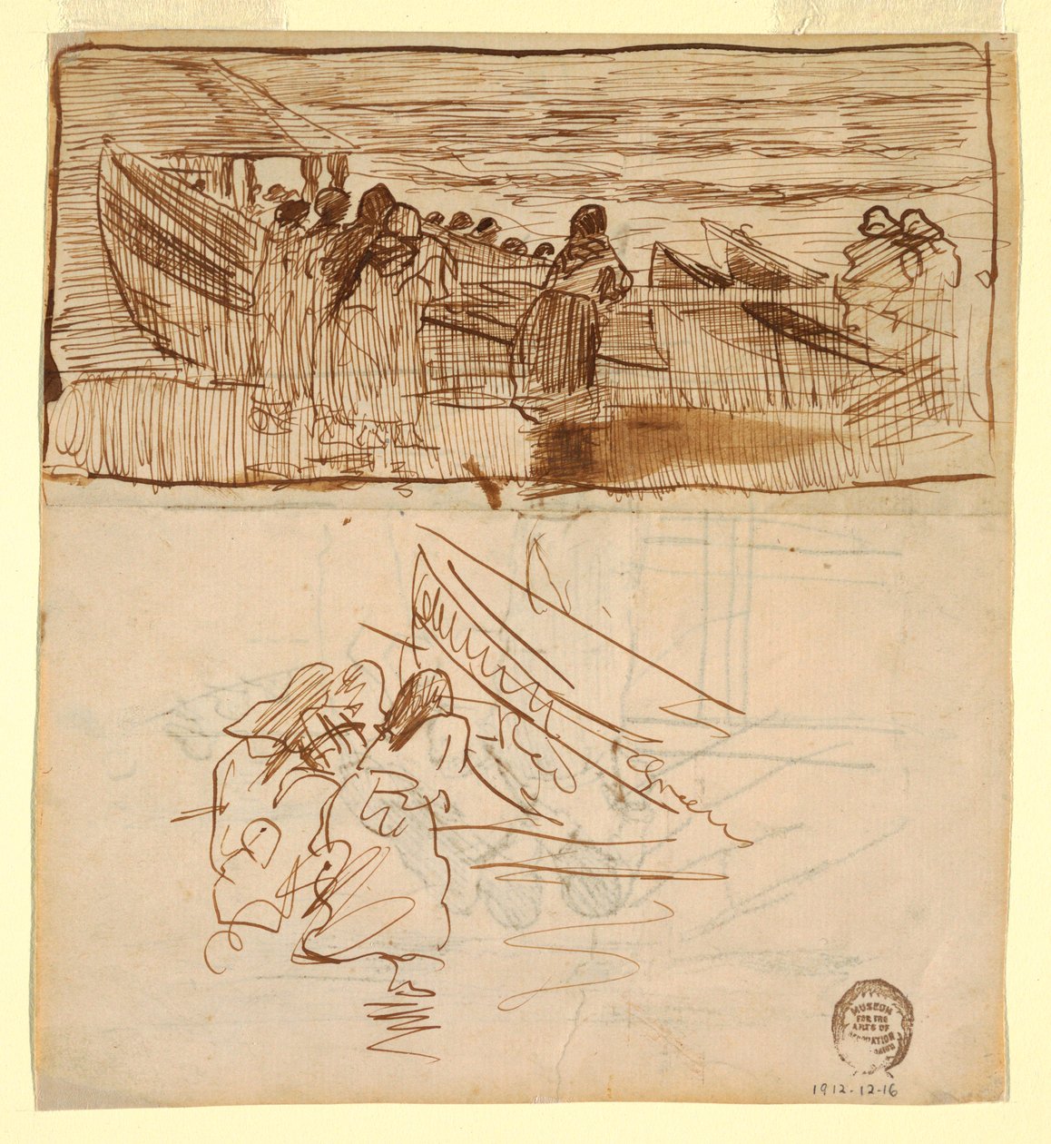素描，《两幅妇女观看独桅帆船下水的研究》，英格兰库勒科茨，1881 年 作者 温斯洛·荷马