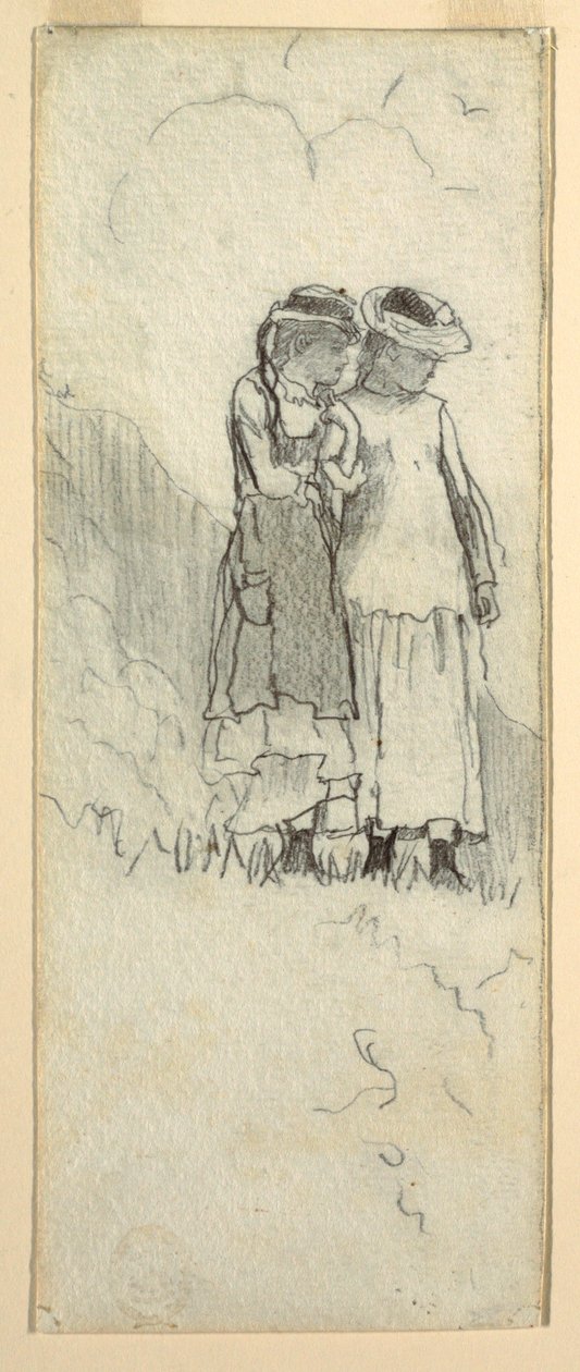 素描，田野中的两个年轻女孩，1879 年 作者 温斯洛·荷马
