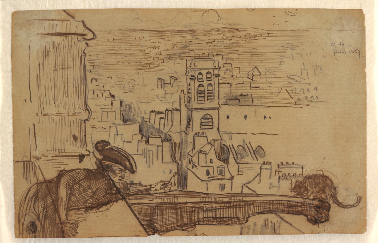 素描，巴黎风景与圣母院大教堂塔楼护栏，1867 年 作者 温斯洛·荷马