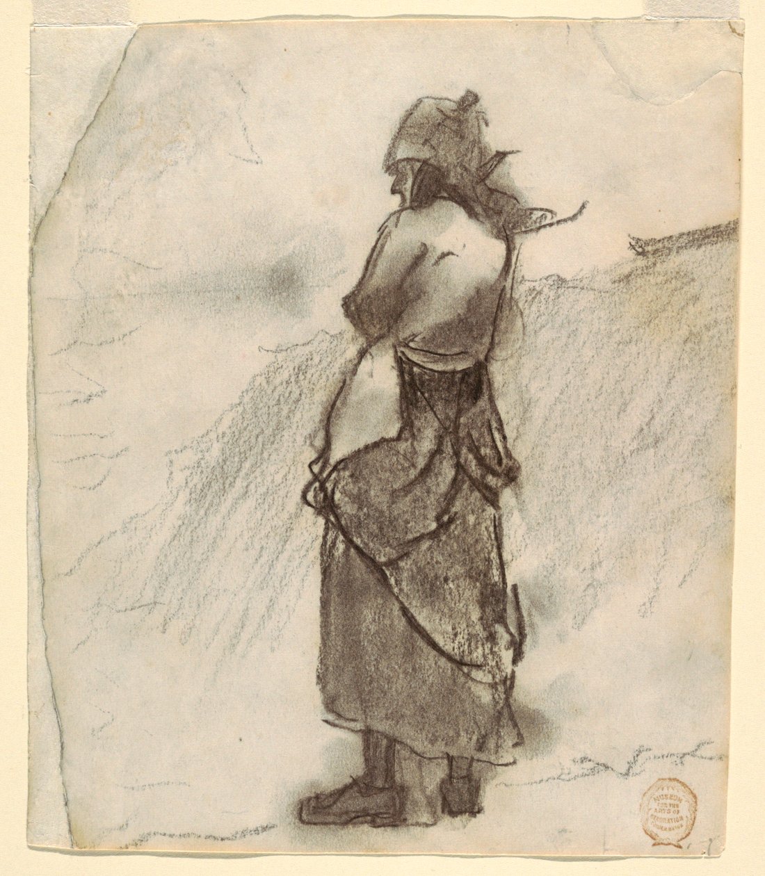 素描，《眺望大海的女人》，英格兰库勒科茨，1881-82 年 作者 温斯洛·荷马