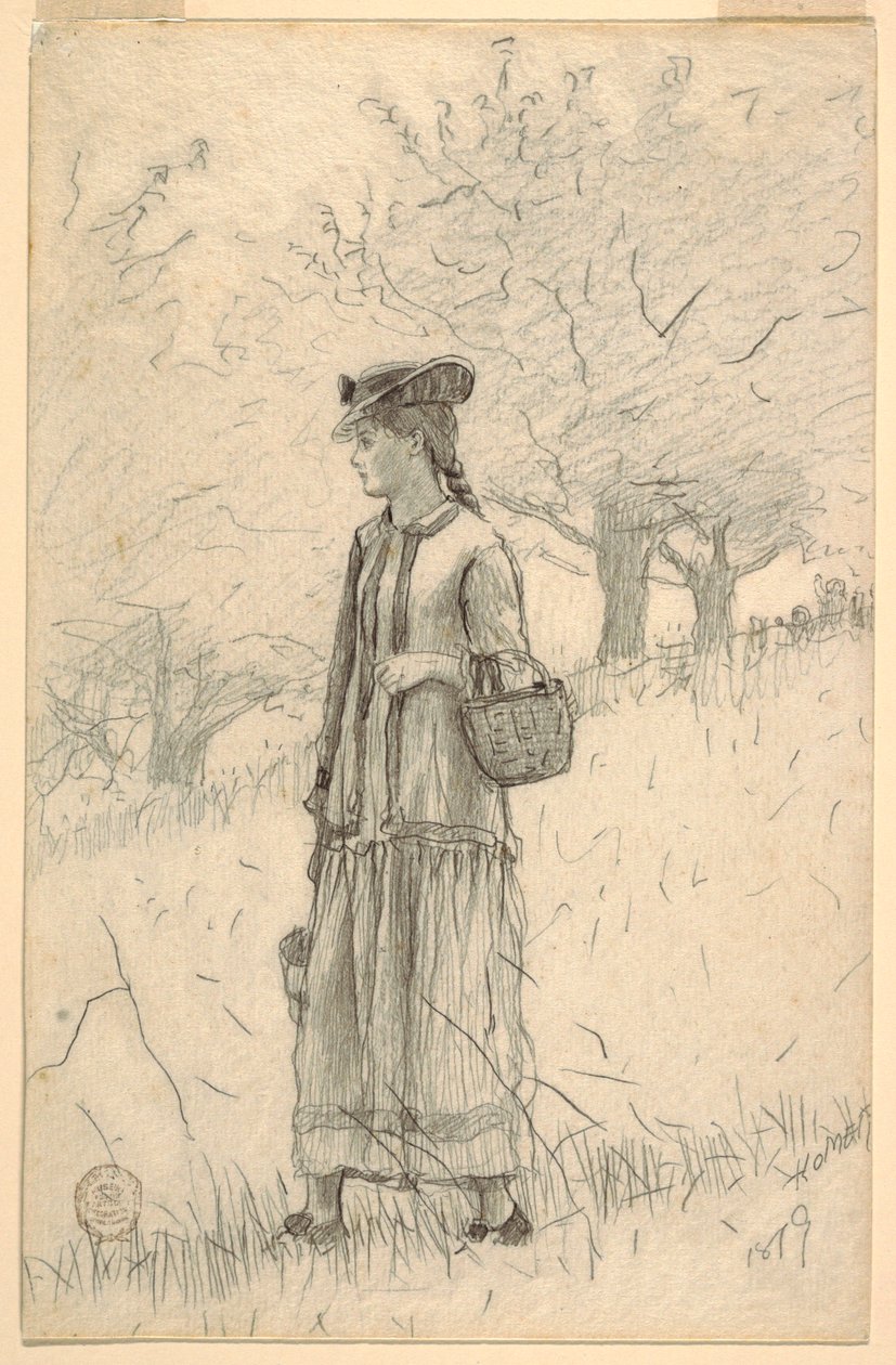 素描，走过田野的年轻女子，1879 年 作者 温斯洛·荷马