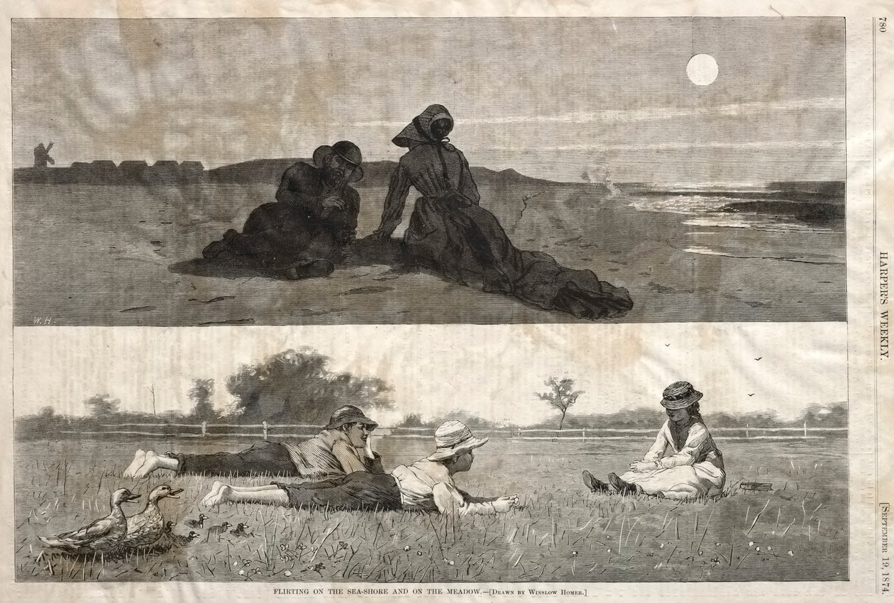 1874年在海边和草地上调情。 作者 温斯洛·荷马