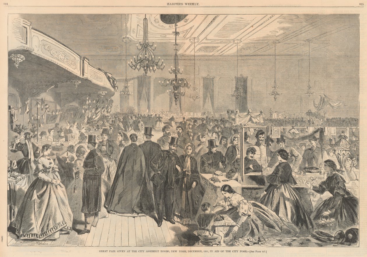 1861 年 12 月在纽约市集会室举行的盛大集会，以帮助城市贫民；摘自哈珀 作者 温斯洛·荷马
