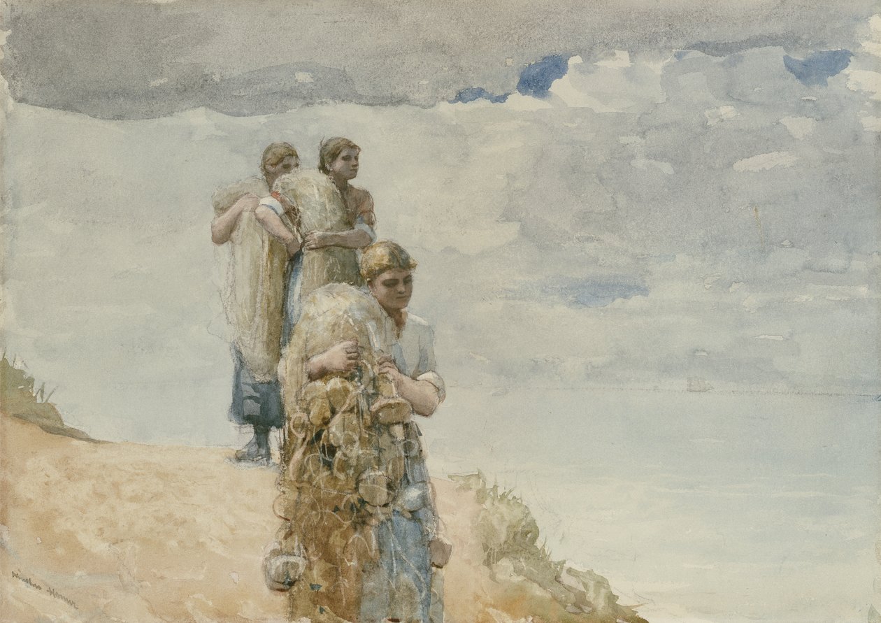 在悬崖上，Cullercoats，约1881-82年（编织纸上的水彩和木炭） 作者 温斯洛·荷马