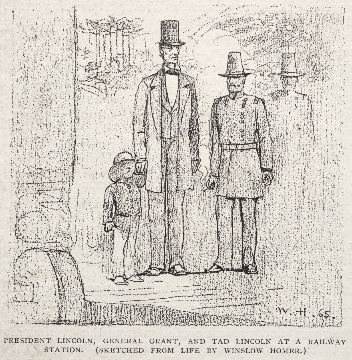 林肯总统，格兰特将军和塔德林肯在火车站，1887年。 作者 温斯洛·荷马