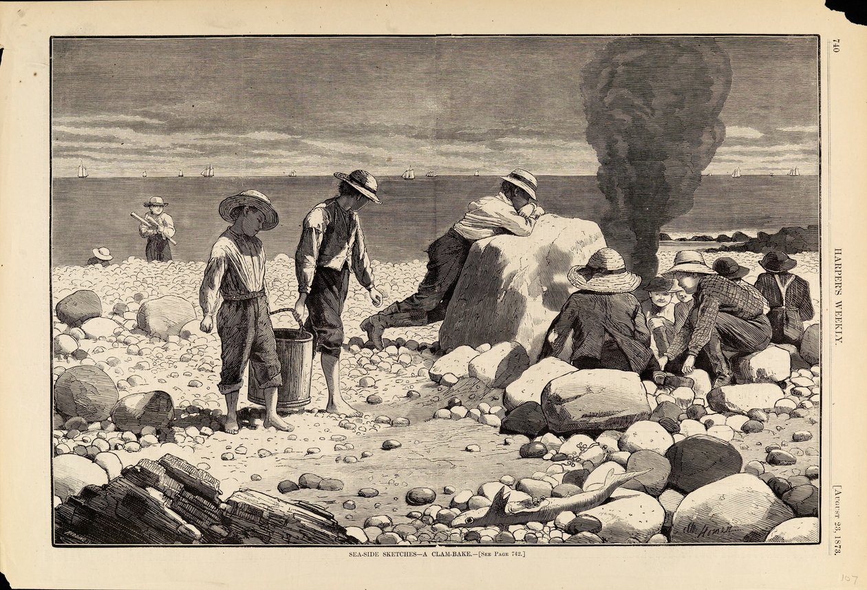 海边速写--烤蛤蜊》，摘自《哈珀周刊》1873 年 8 月 23 日 作者 温斯洛·荷马