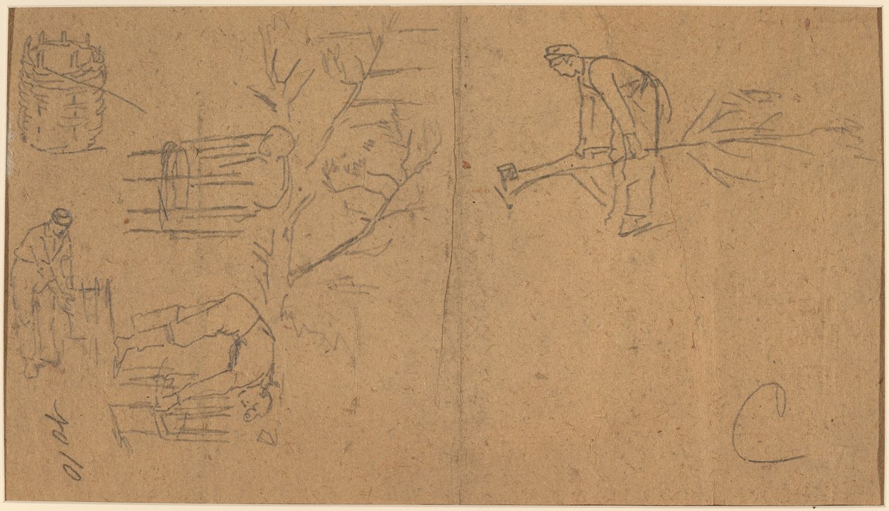 士兵们砍伐树苗，并将树苗编织成篮子[背面]，1862年。 作者 温斯洛·荷马