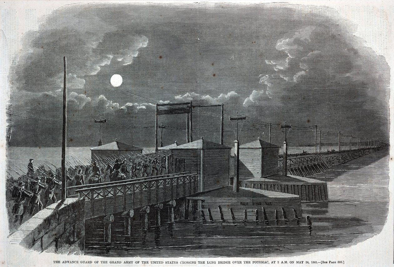 美国大军团先头部队于 1861 年 5 月 24 日凌晨 2 点通过波托马克河上的长桥，摘自《哈珀周刊》，1861 年 6 月 8 日 作者 温斯洛·荷马