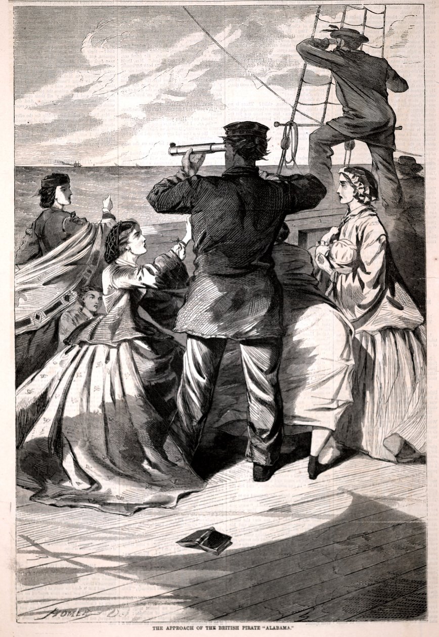 英国海盗 "阿拉巴马 "号的逼近，摘自《哈珀周刊》1863 年 4 月 25 日 作者 温斯洛·荷马