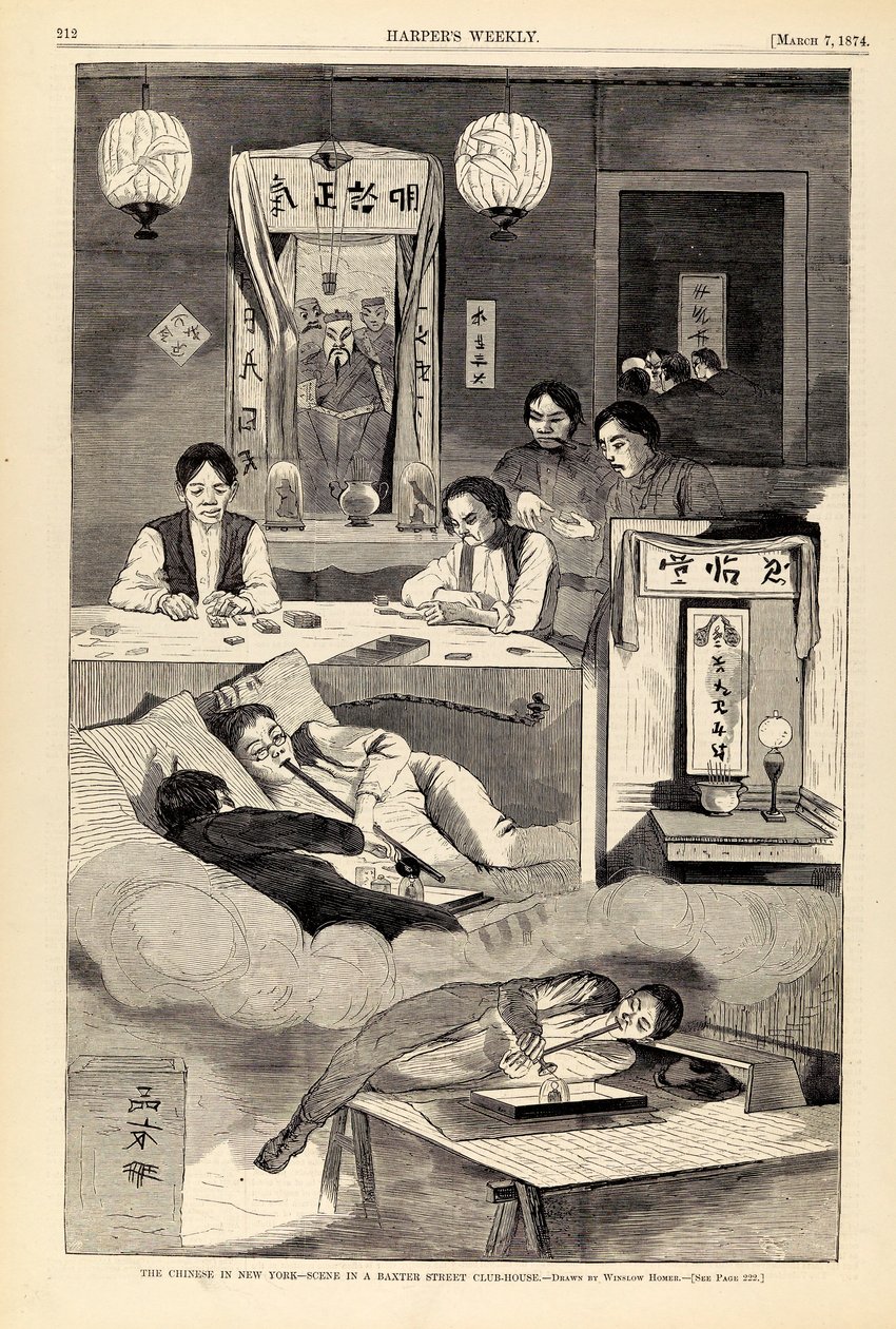 纽约的中国人--巴克斯特街俱乐部的场景，摘自《哈珀周刊》1874 年 3 月 7 日 作者 温斯洛·荷马