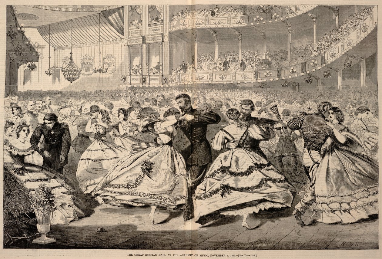 1863 年 11 月 5 日在音乐学院举行的盛大俄罗斯舞会，摘自《哈珀周刊》1863 年 11 月 21 日 作者 温斯洛·荷马