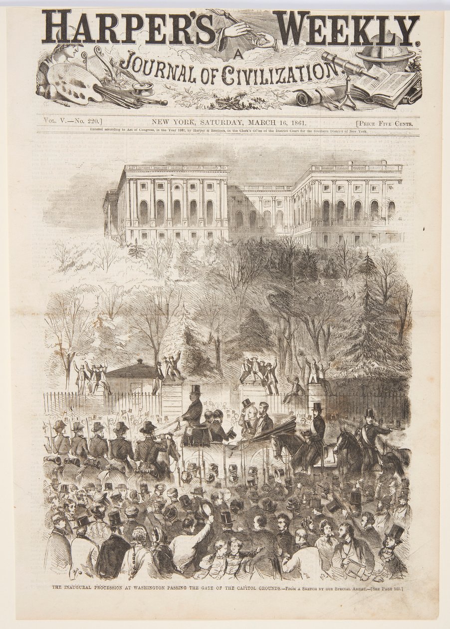 华盛顿通过国会大厦大门的就职游行，摘自《哈珀周刊》，1861 年 3 月 16 日，第 161 页。 作者 温斯洛·荷马