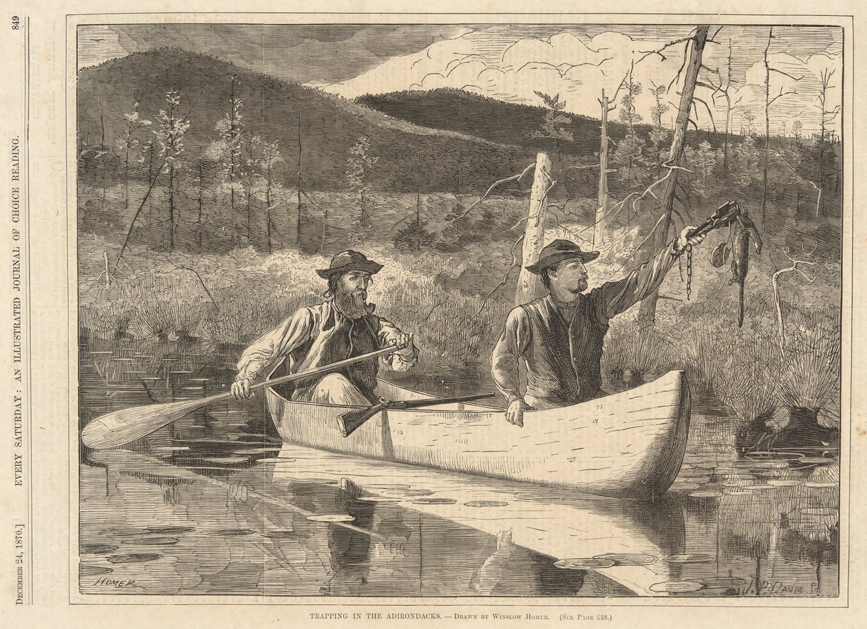 阿迪朗达克山脉的诱捕活动，摘自《每个星期六》，1870 年 12 月 24 日 作者 温斯洛·荷马