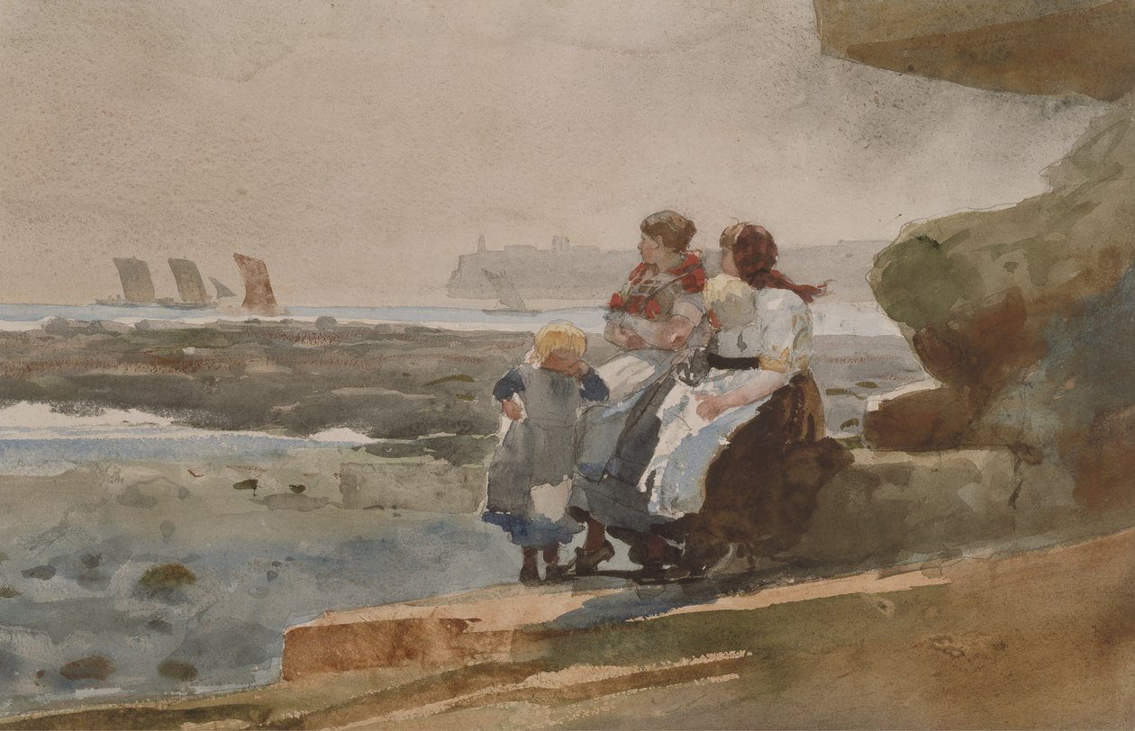 在悬崖下，Cullercoats，c.1881（编织纸上的水彩和石墨） 作者 温斯洛·荷马