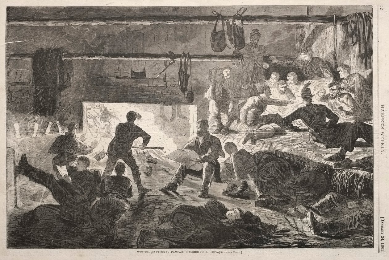 营地的冬季-小屋内部，1863年。 作者 温斯洛·荷马