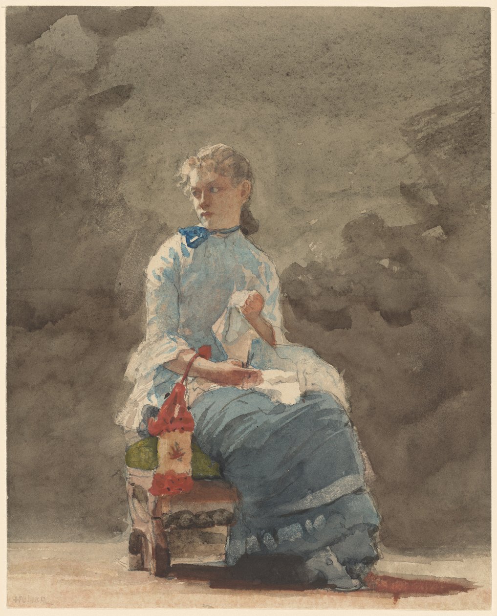 女人缝纫，1878-9（灰白色水彩纸上的石墨水彩） 作者 温斯洛·荷马