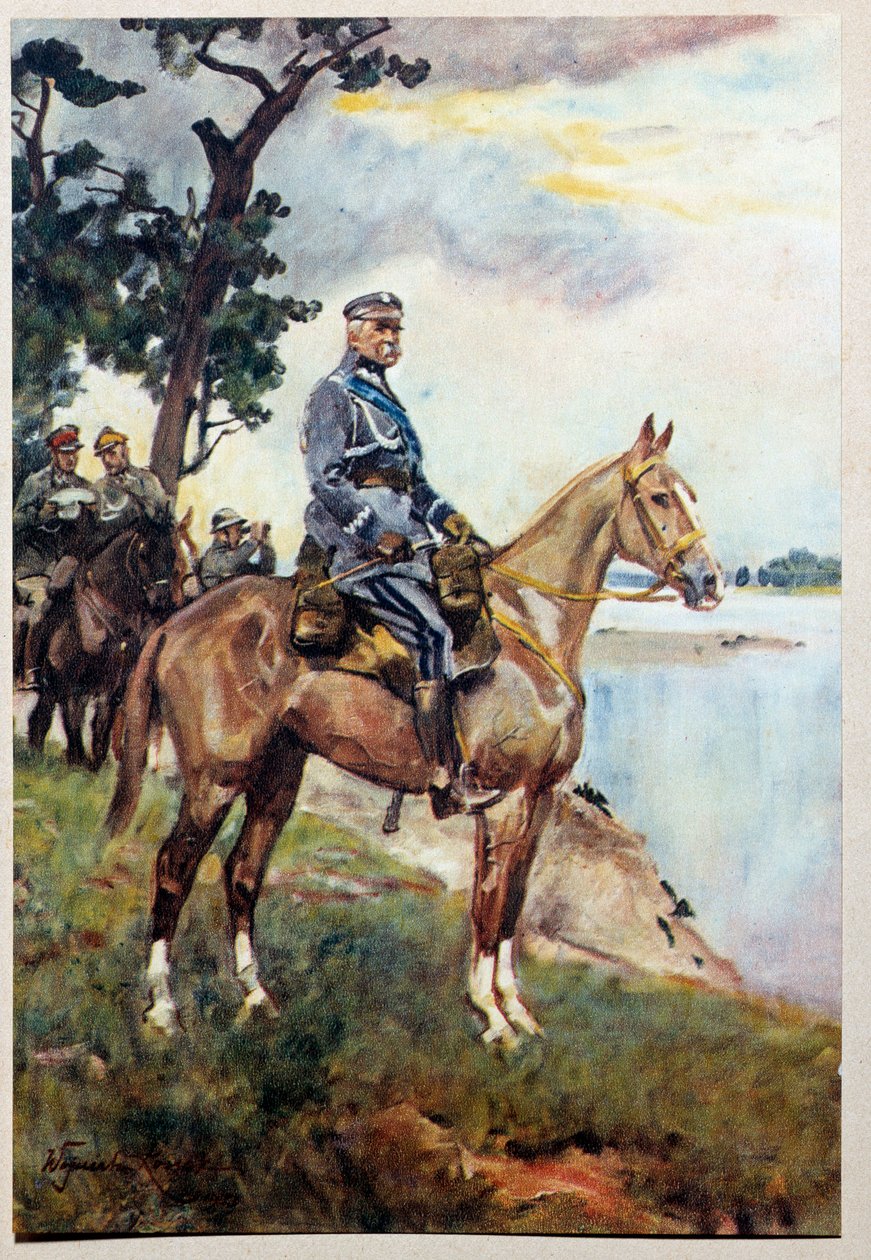 Marechal Jozef (Joseph) Klemens Pilsudski (1867-1935) 骑在他最喜欢的马 Kasztanka 上的马术肖像。 Woiciech Von Kossak (1857-1942) 的绘画 作者 Wojciech Kossak
