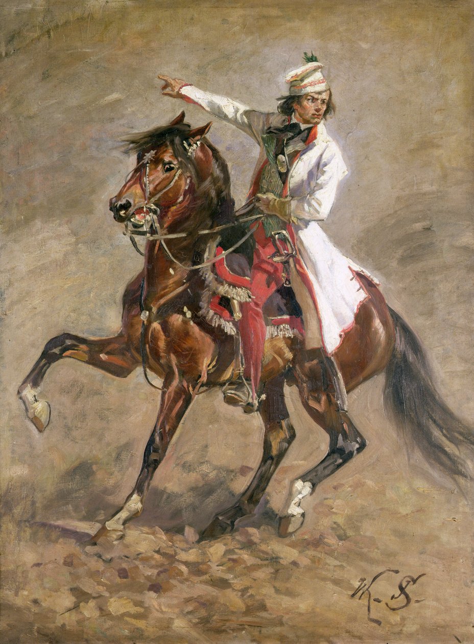 马背上的Tadeusz Kosciuszko将军（1746-1817），1893年的“拉克拉维采全景”素描（见127666） 作者 Wojciech Kossak