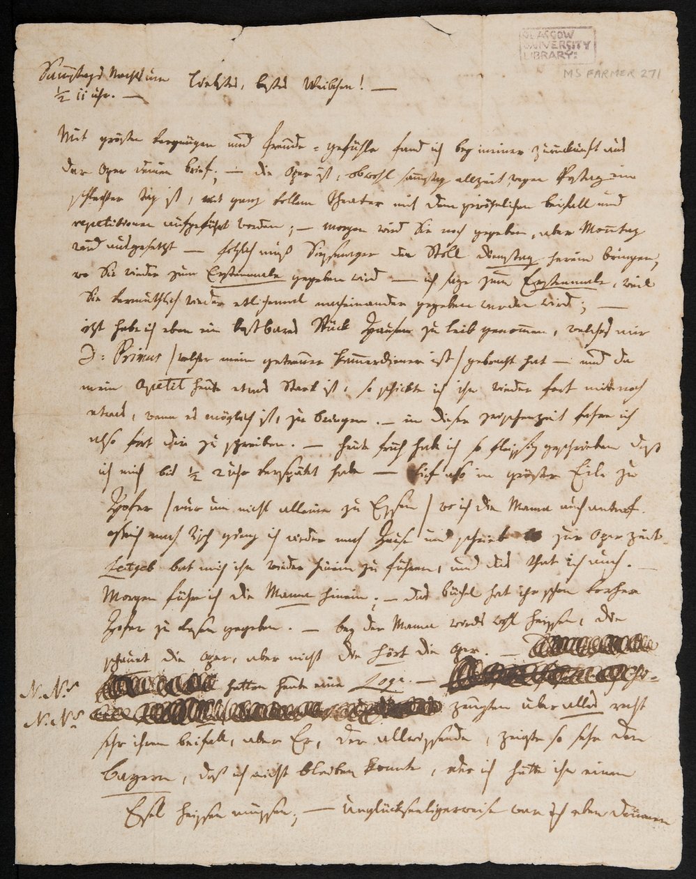 MS Farmer 2715 WA莫扎特的信给他的妻子Konstanze，1791年（纸上墨水），第1页 作者 沃尔夫冈·阿玛迪斯·莫扎特