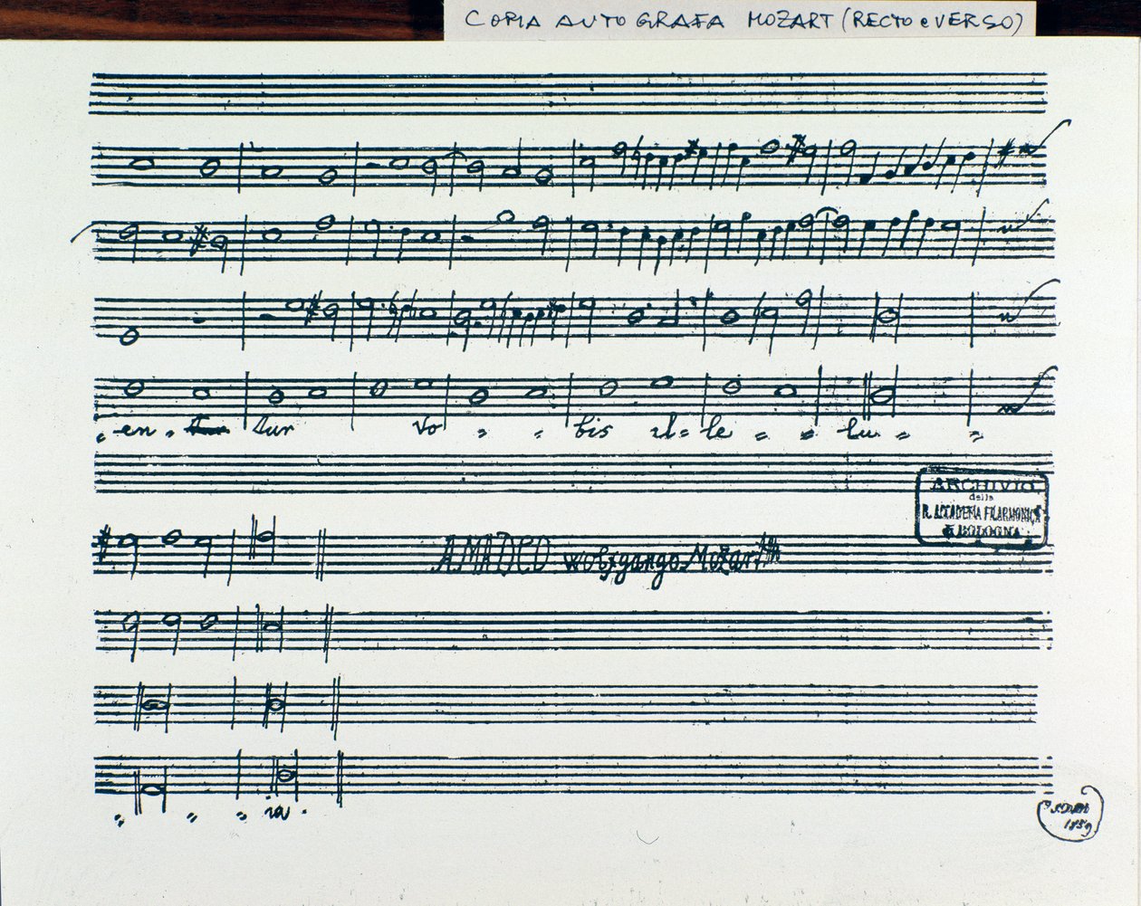 Sheet music page for Querite primum regnum Dei by Mozart to obtain the title of Accademia filarmonico, version corrected by father Martini (1770) 作者 沃尔夫冈·阿玛迪斯·莫扎特