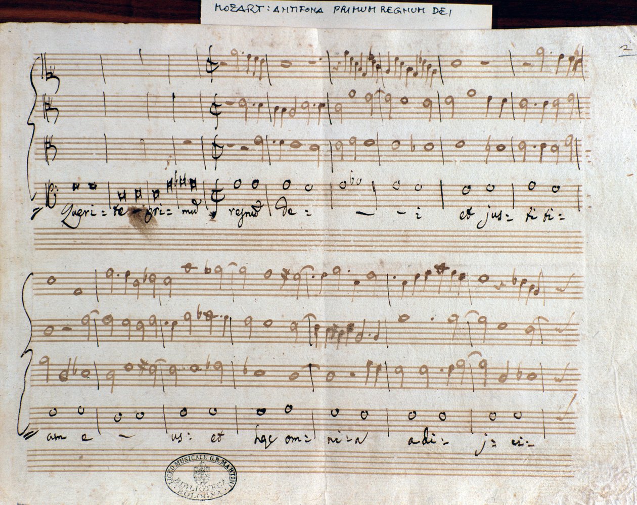 莫扎特的 Querite primum regnum Dei 乐谱页面，获得了 Accademico filarmonico (1770) 的称号 作者 沃尔夫冈·阿玛迪斯·莫扎特