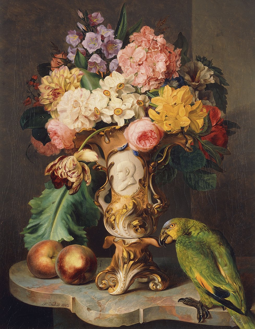 静物，花瓶装满鲜花，桃子和一只鹦鹉在大理石壁架上，1843年 作者 沃尔夫冈·库斯