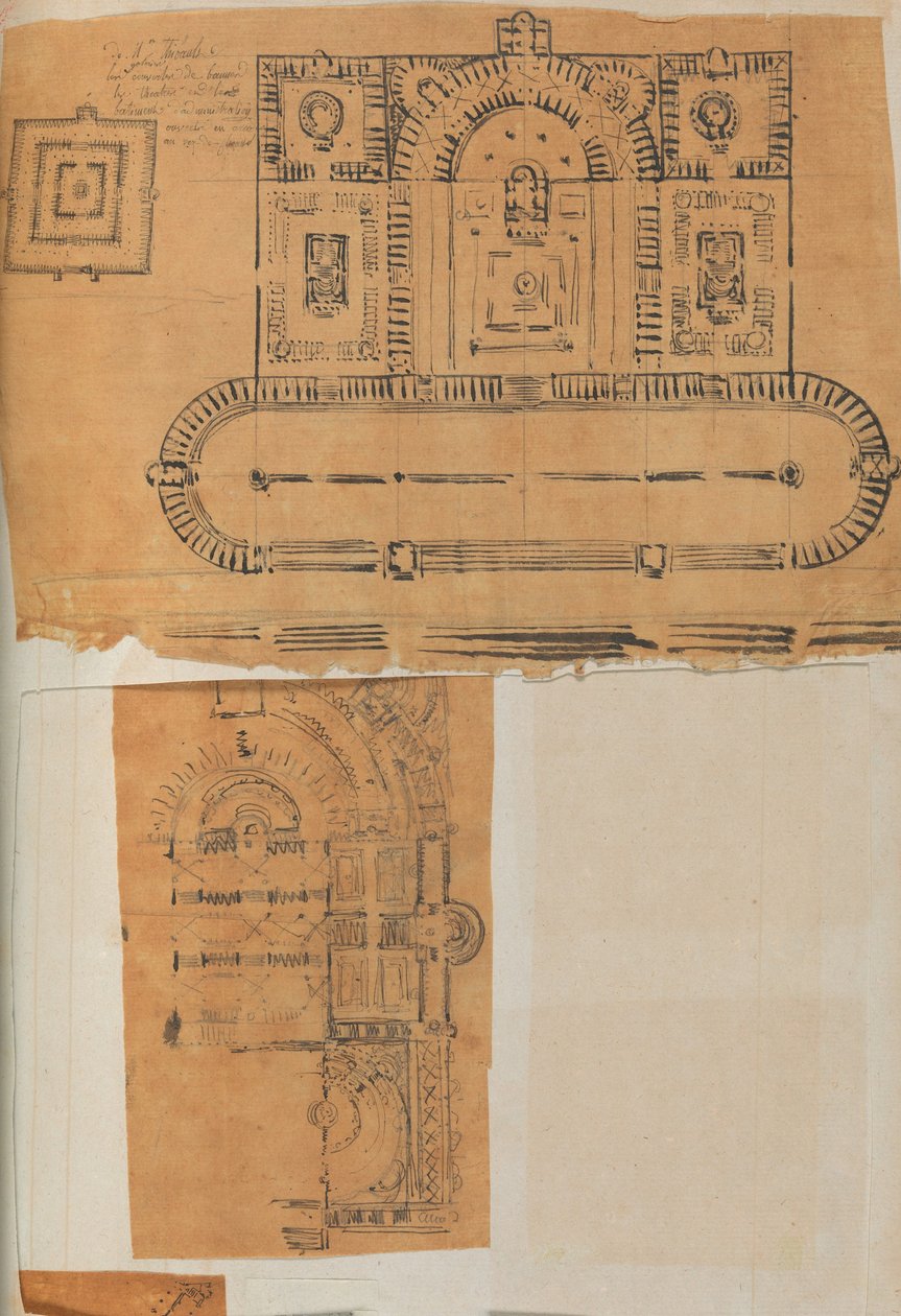 来自一个剪贴簿的页面，其中包含建筑的图画和一些印刷品，约1800-1850年。创作者：Charles Percier工作室, Pierre François Léonard Fontaine工作室。 作者 Charles Percier 工作室，Pierre 工作室