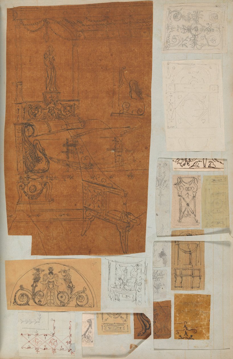 来自一个剪贴簿的页面，其中包含建筑的图画和一些印刷品，约1800-1850年。创作者：Charles Percier工作室, Pierre François Léonard Fontaine工作室。 作者 Charles Percier 工作室，Pierre 工作室