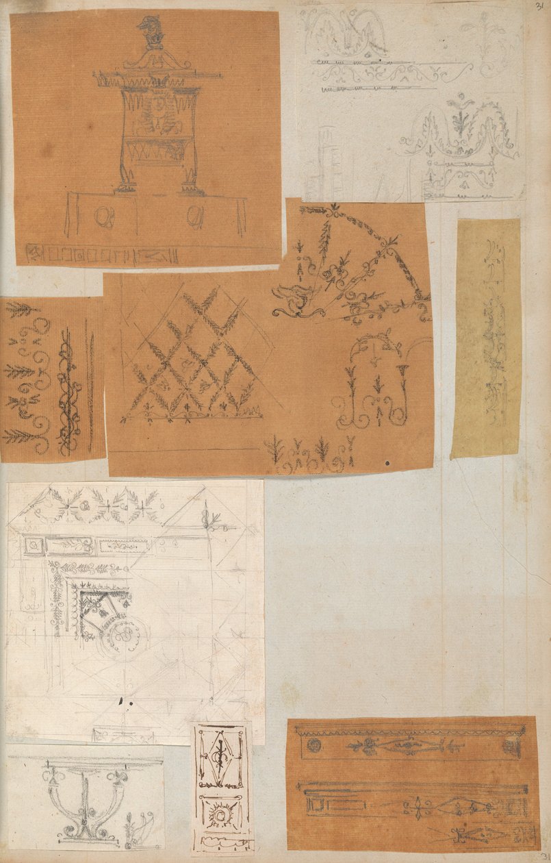 来自一个剪贴簿的页面，其中包含建筑的图画和一些印刷品，约1800-1850年。创作者：Charles Percier工作室, Pierre François Léonard Fontaine工作室。 作者 Charles Percier 工作室，Pierre 工作室