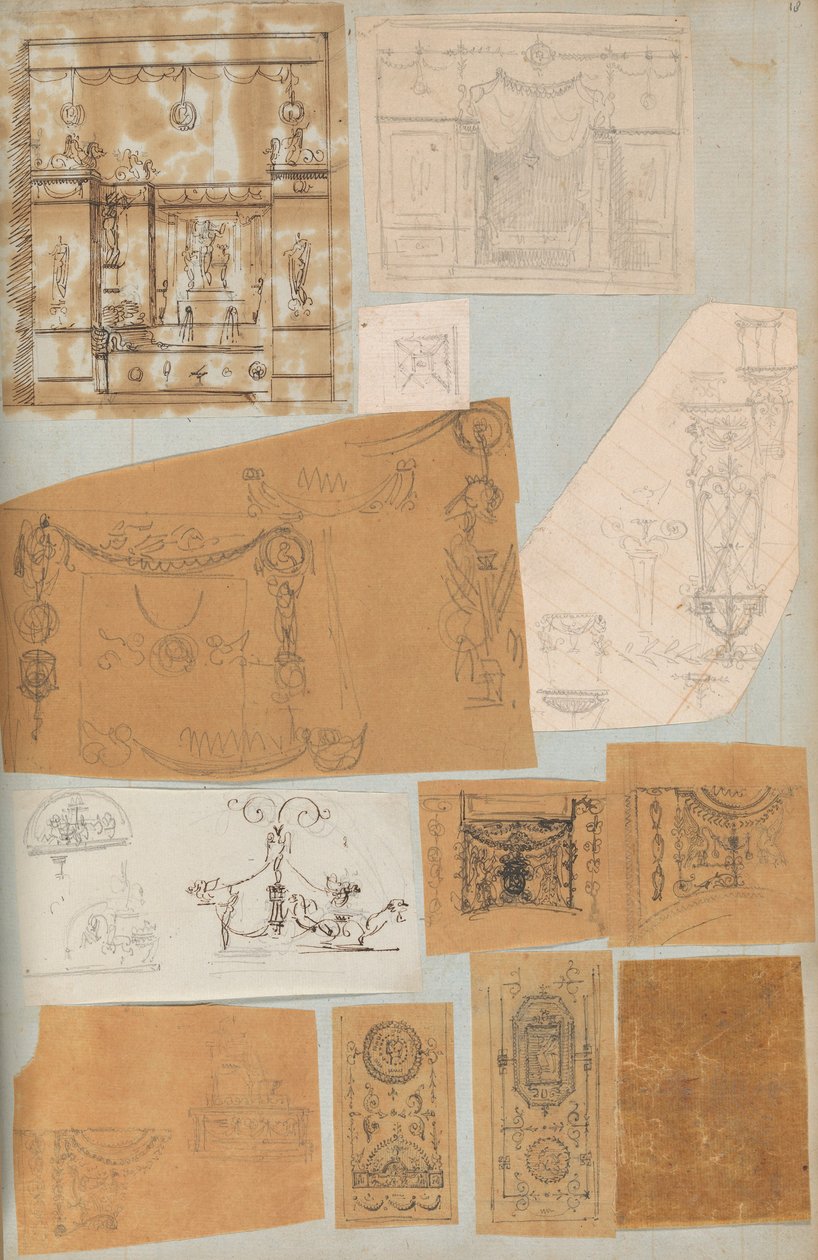 来自一个剪贴簿的页面，其中包含建筑的图画和一些印刷品，约1800-1850年。创作者：Charles Percier工作室, Pierre François Léonard Fontaine工作室。 作者 Charles Percier 工作室，Pierre 工作室