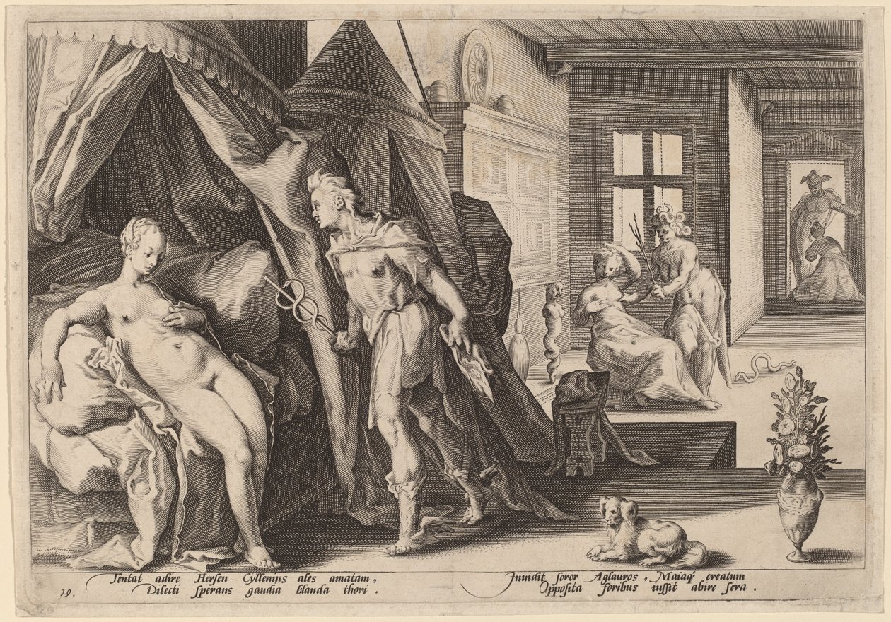 水星将阿格拉洛斯变为石头后进入赫斯的房间 作者 Hendrick Goltzius 工作室，Hendrick Goltzius 之后