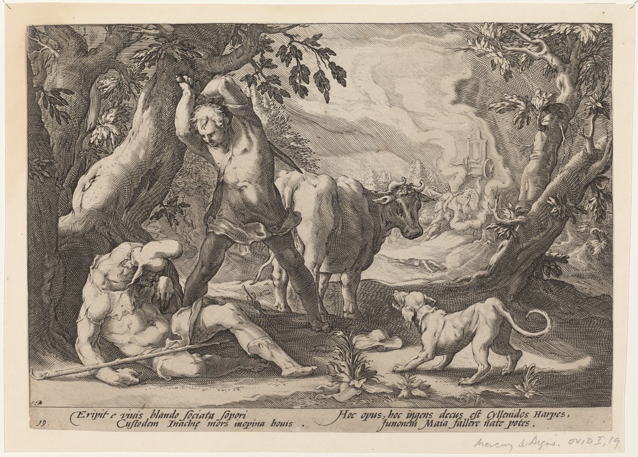 墨丘利举剑刺杀沉睡的阿耳戈斯的风景画 作者 Hendrick Goltzius 工作室，Hendrick Goltzius 之后