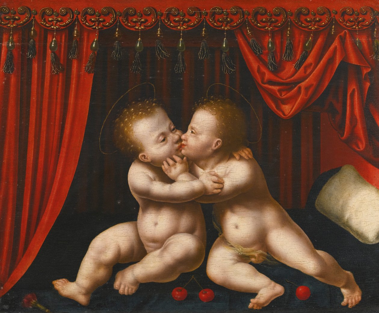 荷兰语: Christus en Johannes de Doper als kinderen 婴儿基督和施洗约翰拥抱在一起 作者 Joos van Cleve 的工作室