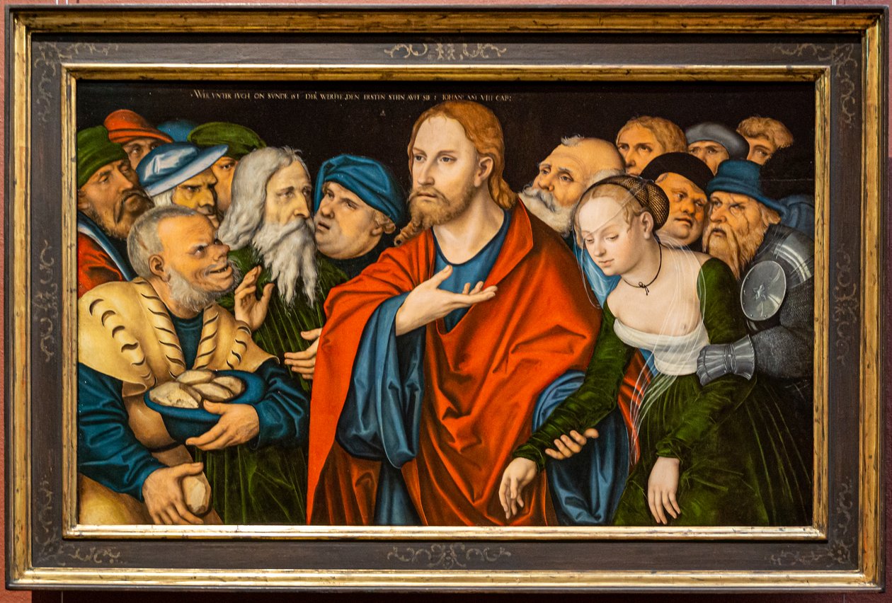 德语: Christus und die Ehebrecherin 基督与通奸妇女 作者 卢卡斯·克拉纳赫（Lucas Cranach）讲习班