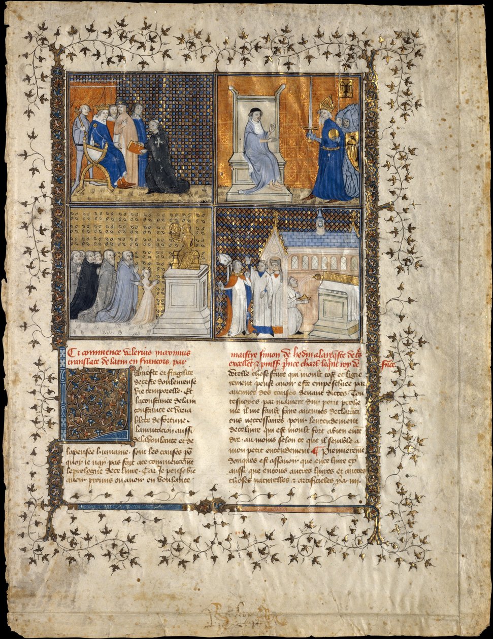 Valerius Maximus手稿的叶子，约1380-90年。 作者 Pierre Remiet 工作室