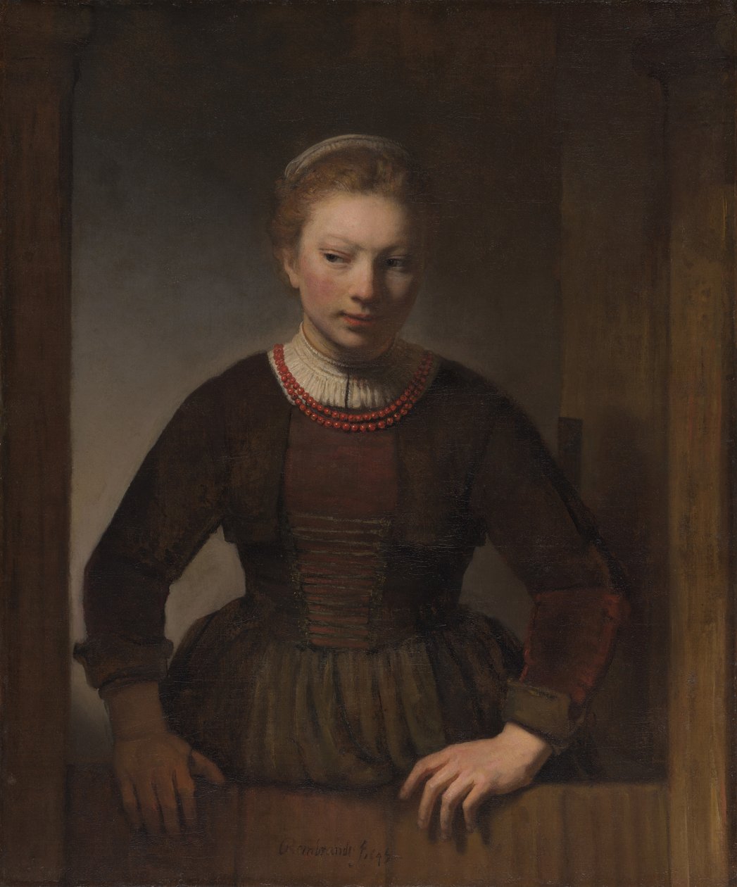 半开着的门前的年轻女子 作者 Rembrandt van Rijn 工作室