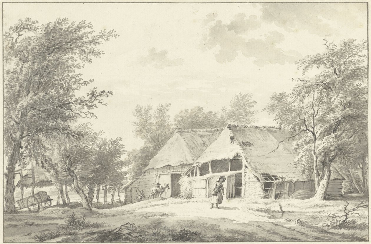 有农舍和提篮妇女的风景 作者 Wybrand Hendriks