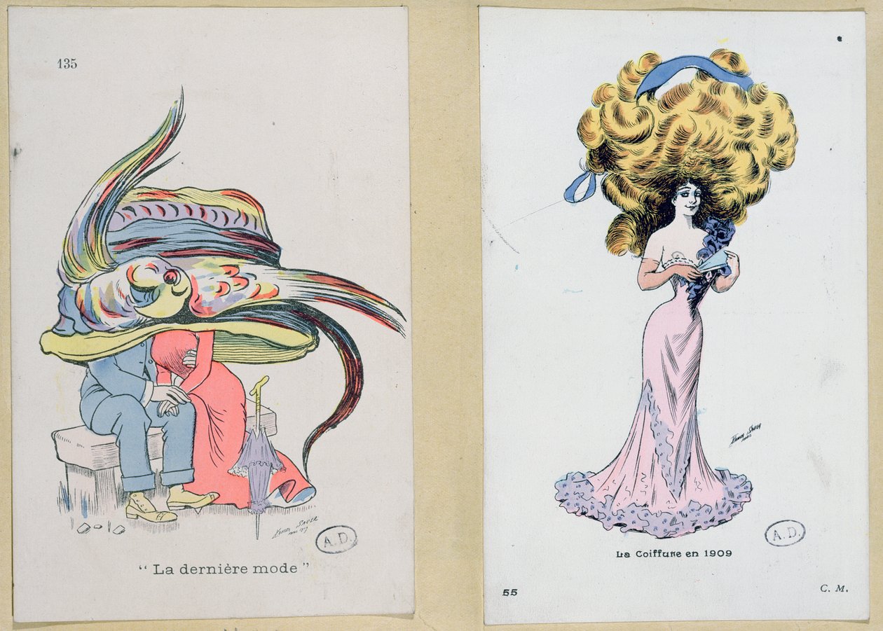 &39;La Derniere Mode&39;，时尚板材，讽刺发型和帽子款式，1909年 作者 泽维尔·萨格（Xavier Sager）